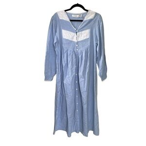 VANITY FAIR Vintage Cotton Embroidered Lace Button Front Nightgown Blue White S